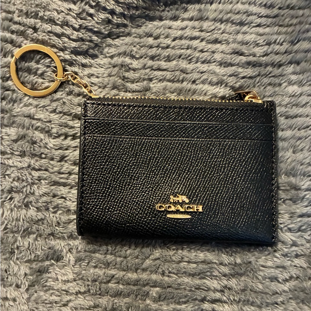 Coach Black Leather Card Holder with Gold Keychain